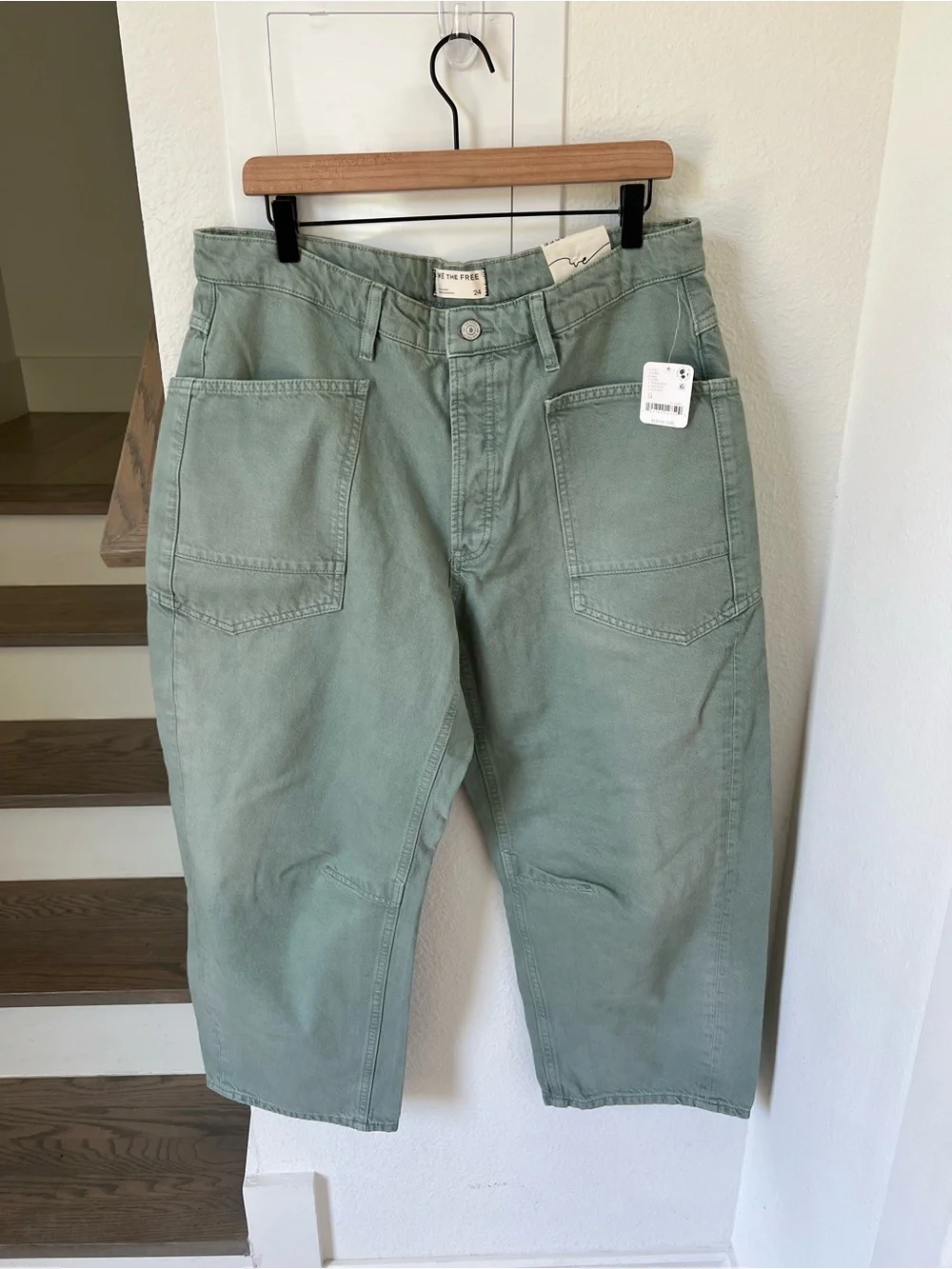 Free People We The Free Minimalist Moxie Barrel Jeans in Aloe Green NWT